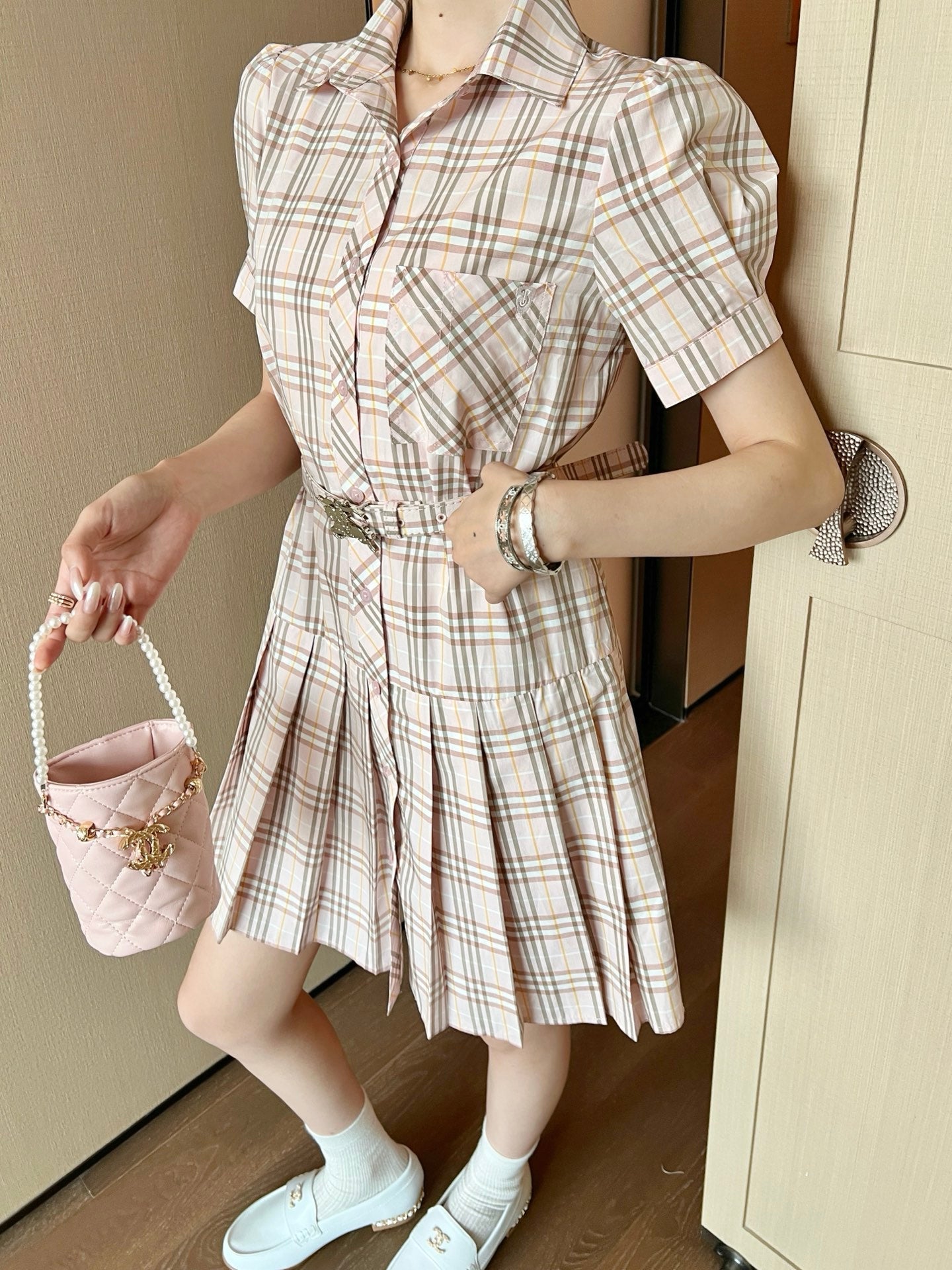 Bur* 25ss check pleated shirt dress