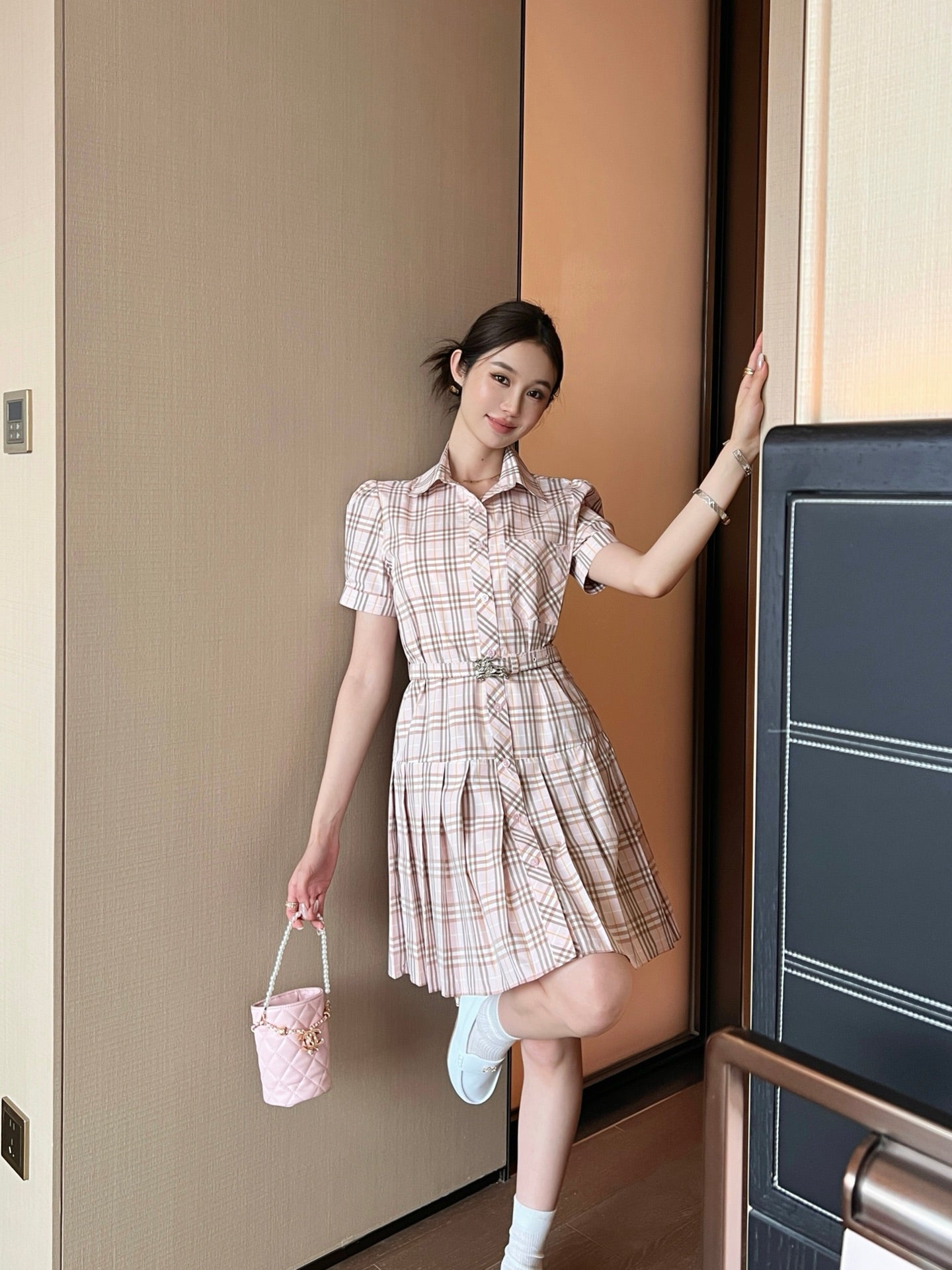 Bur* 25ss check pleated shirt dress