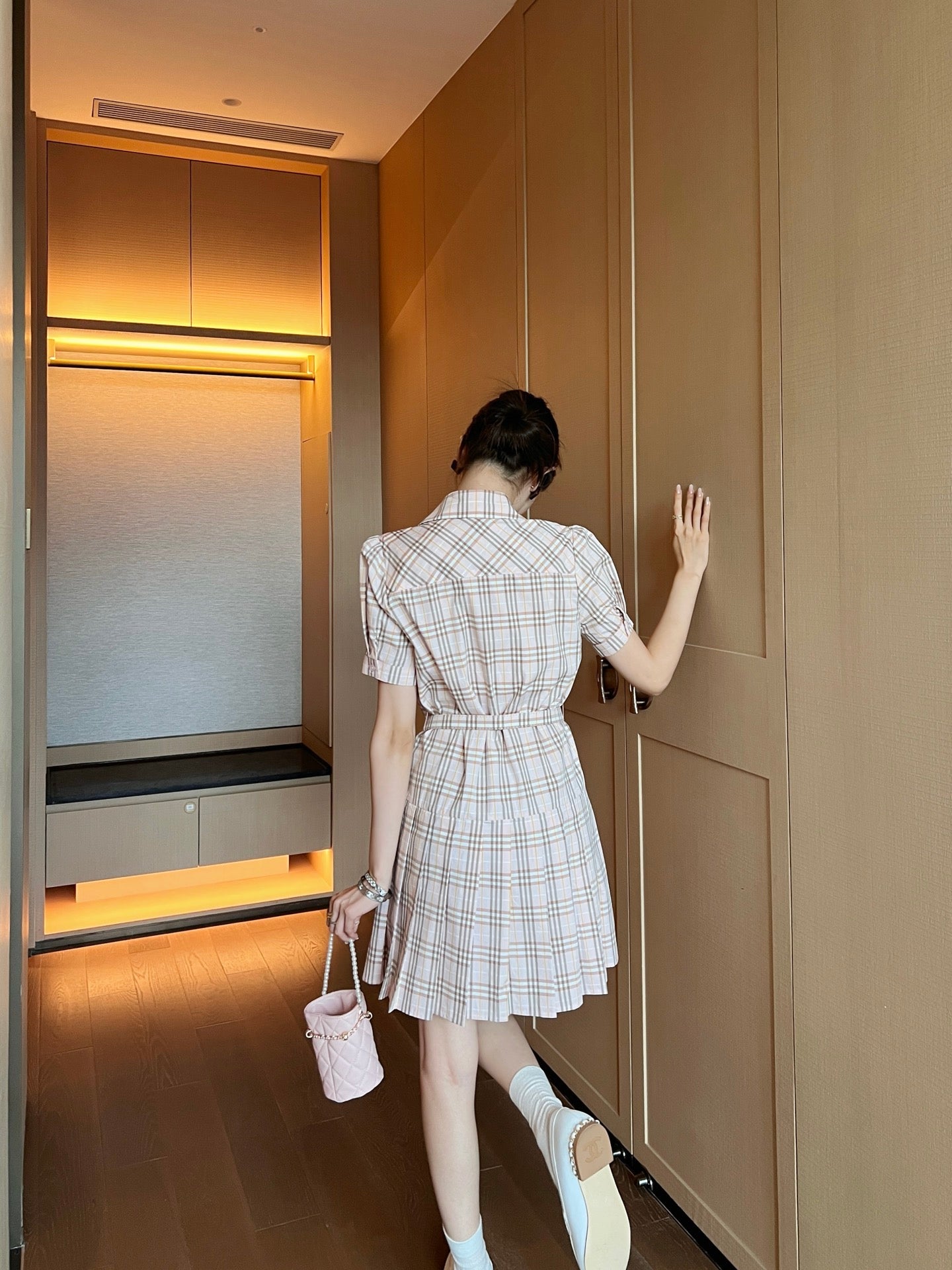 Bur* 25ss check pleated shirt dress