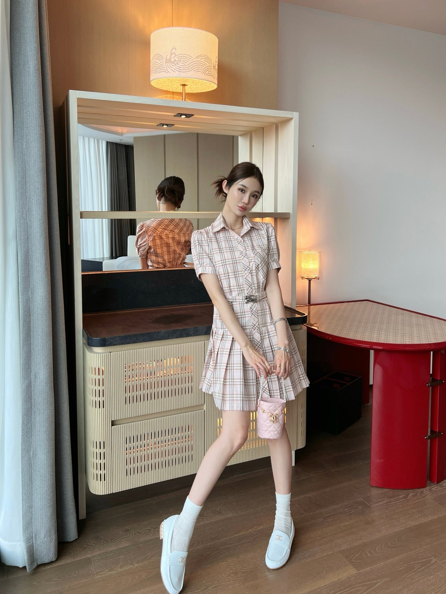 Bur* 25ss check pleated shirt dress