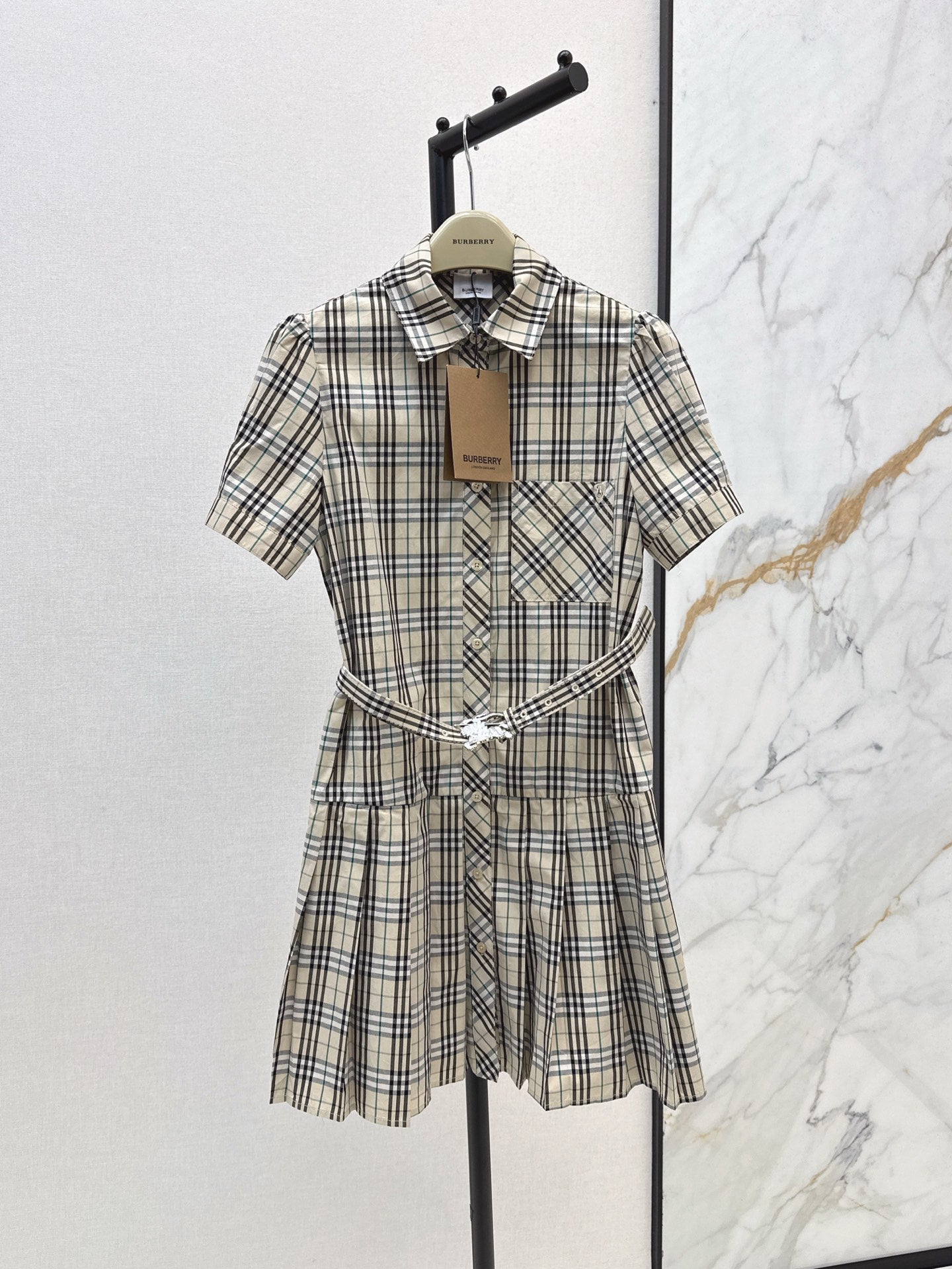 Bur* 25ss check pleated shirt dress