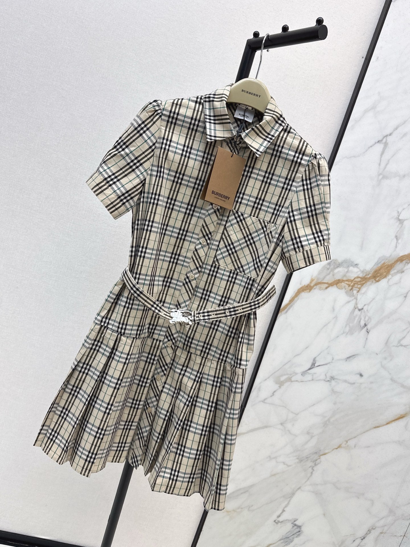 Bur* 25ss check pleated shirt dress