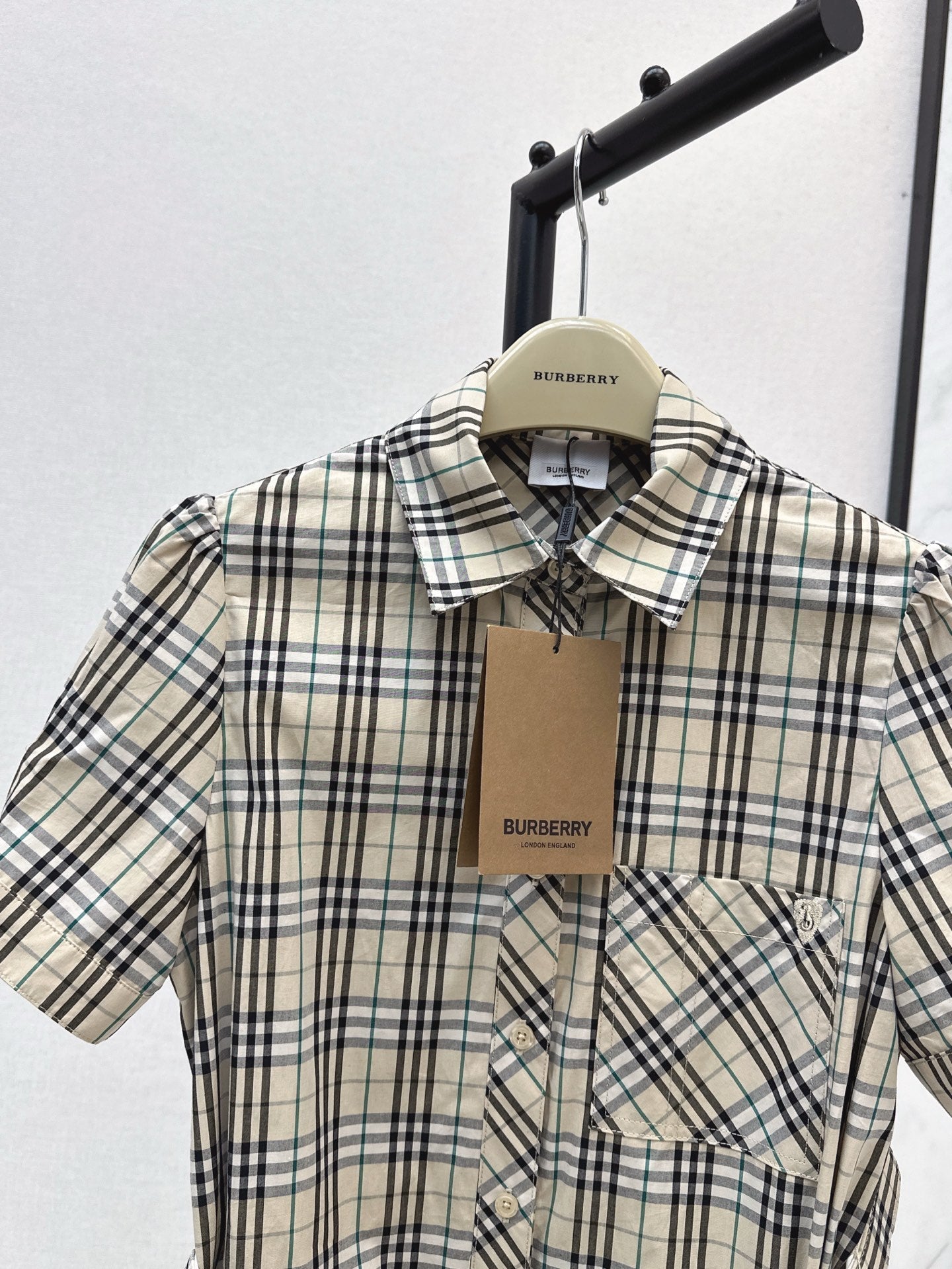 Bur* 25ss check pleated shirt dress