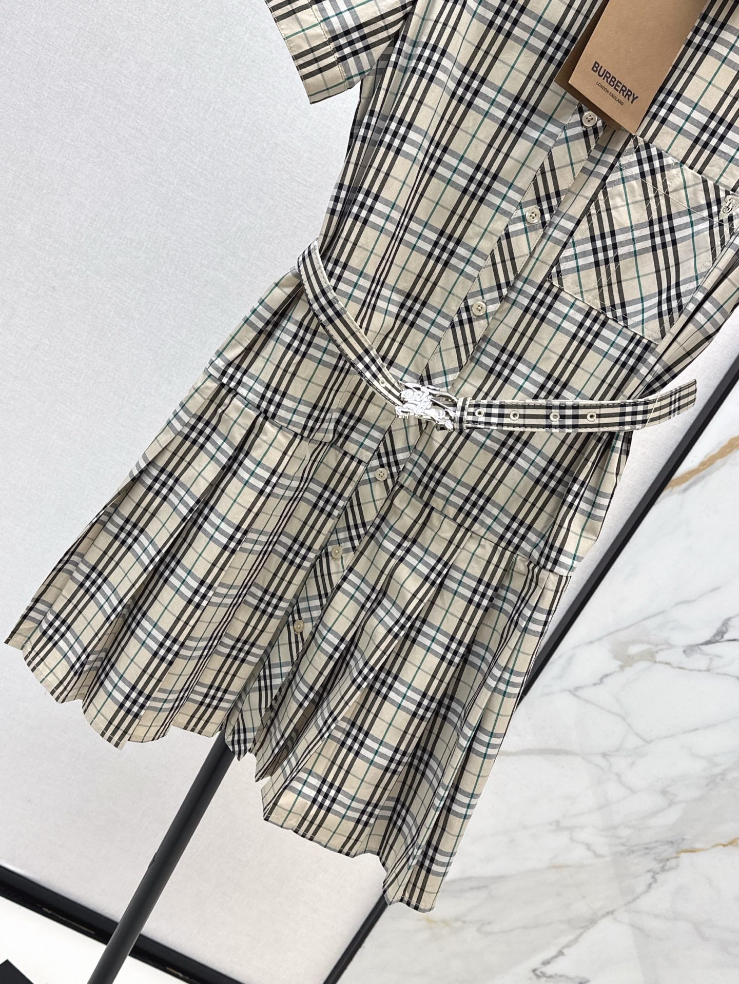 Bur* 25ss check pleated shirt dress