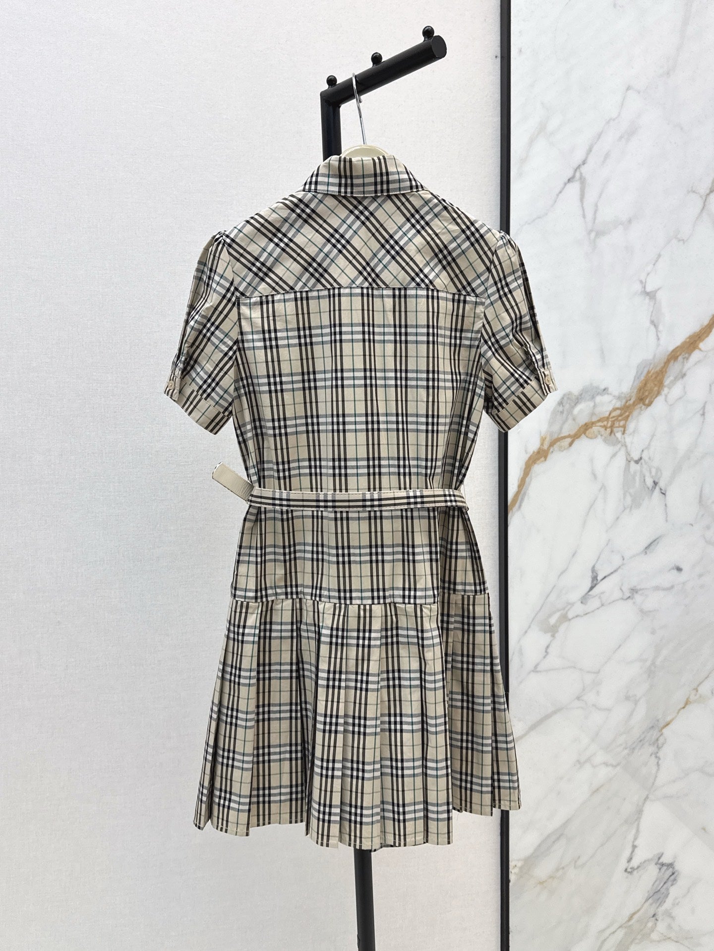 Bur* 25ss check pleated shirt dress