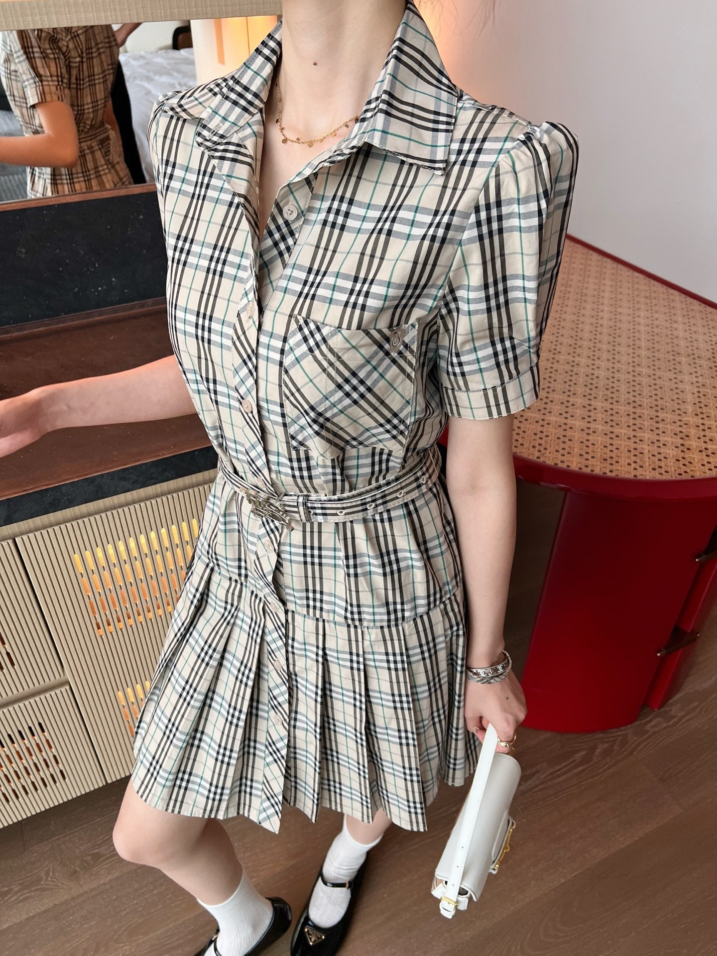 Bur* 25ss check pleated shirt dress