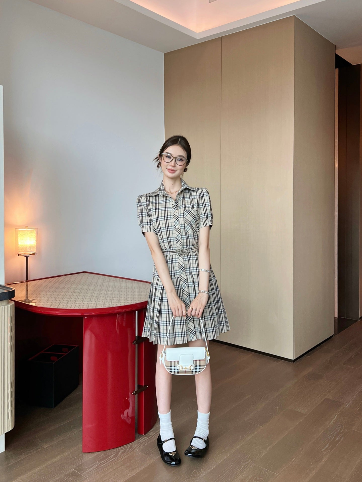 Bur* 25ss check pleated shirt dress