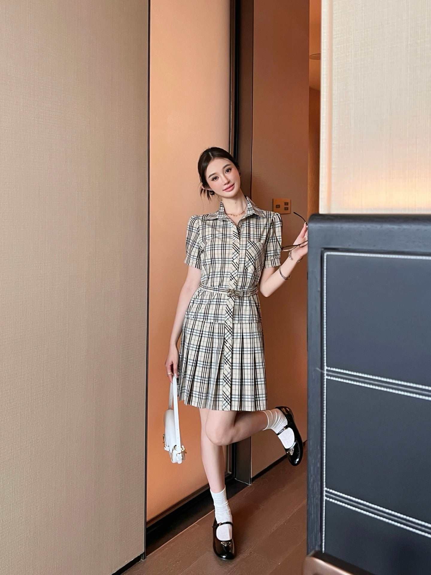 Bur* 25ss check pleated shirt dress