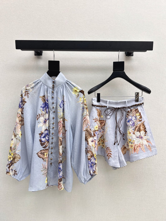 Zim* 25ss printed linen blouse and shorts set