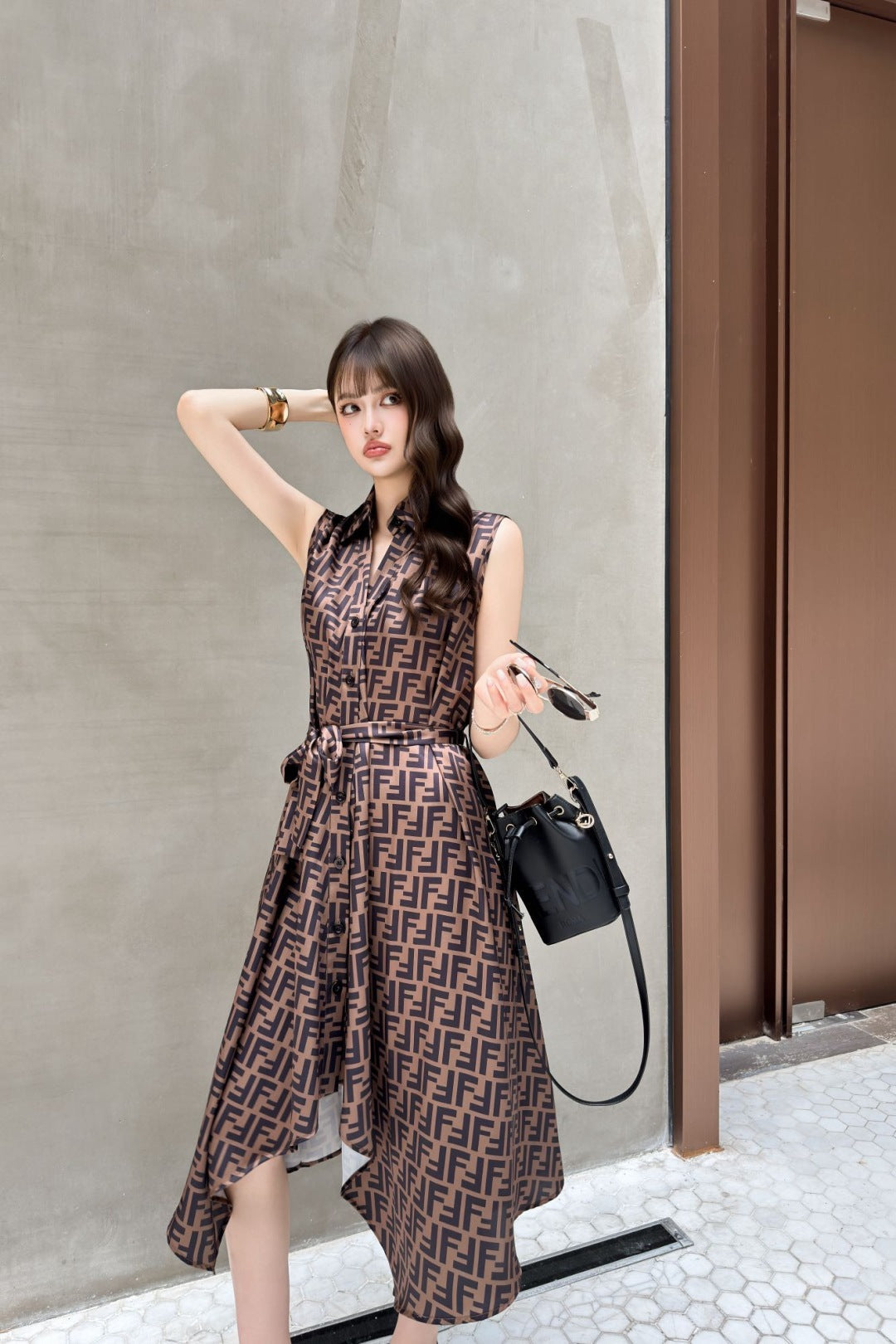 Fd* 25ss FF printed belt shirt dress