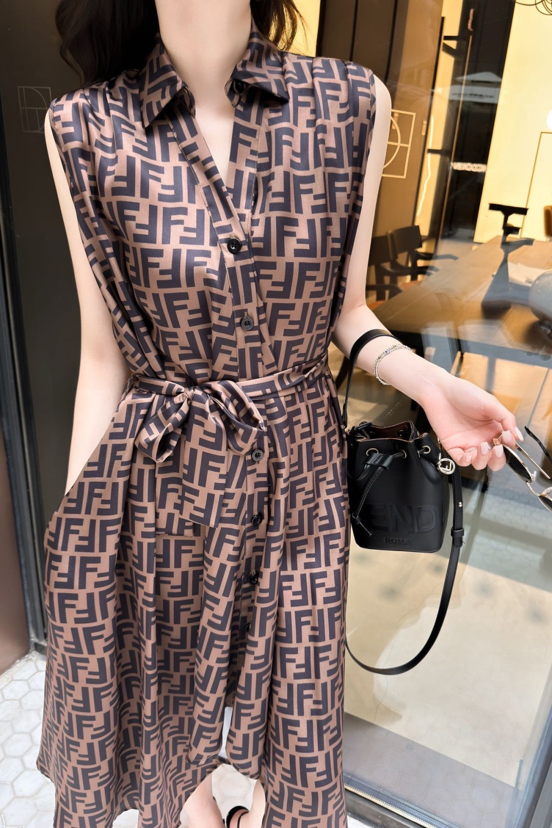 Fd* 25ss FF printed belt shirt dress