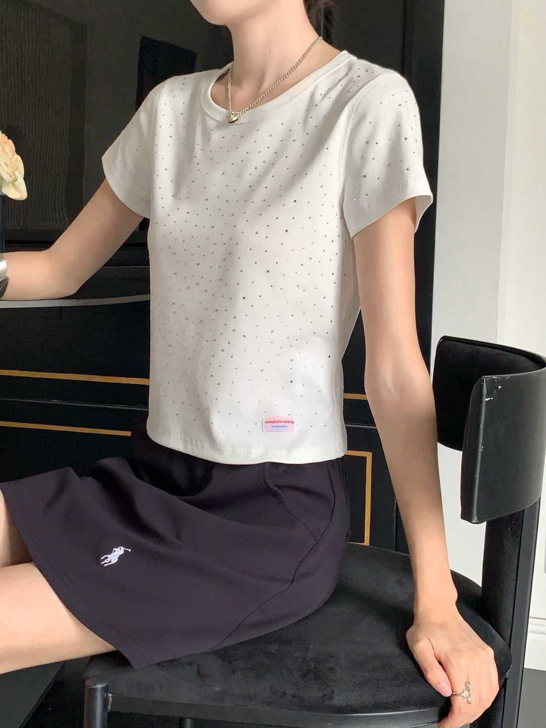 Wang* 25ss crystal hotfix cotton tee