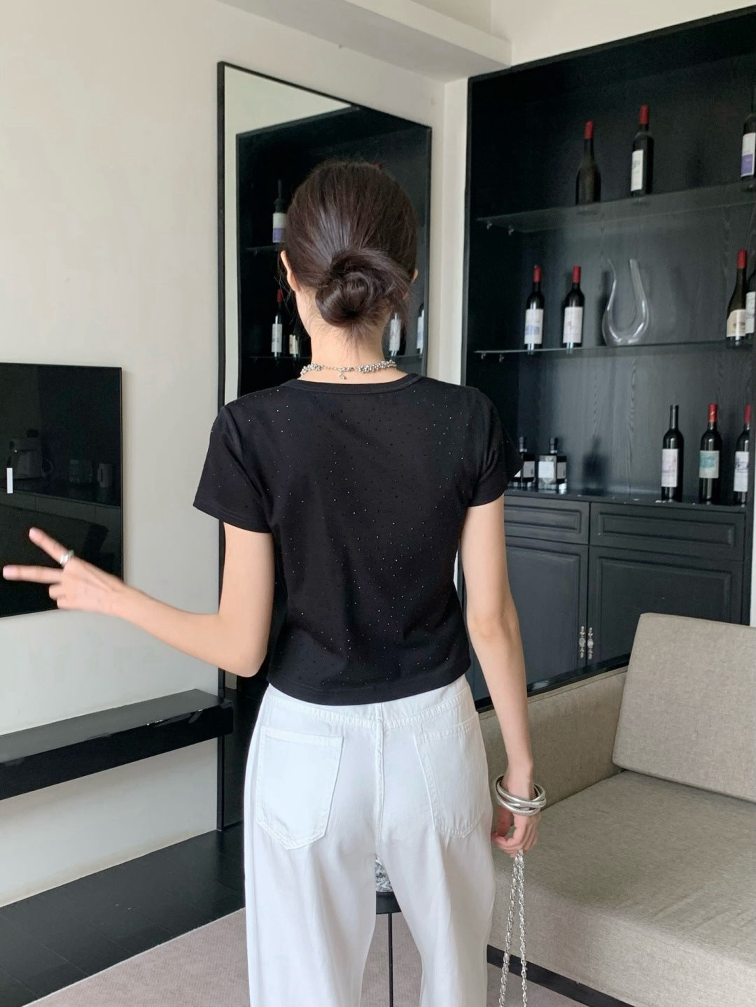 Wang* 25ss crystal hotfix cotton tee