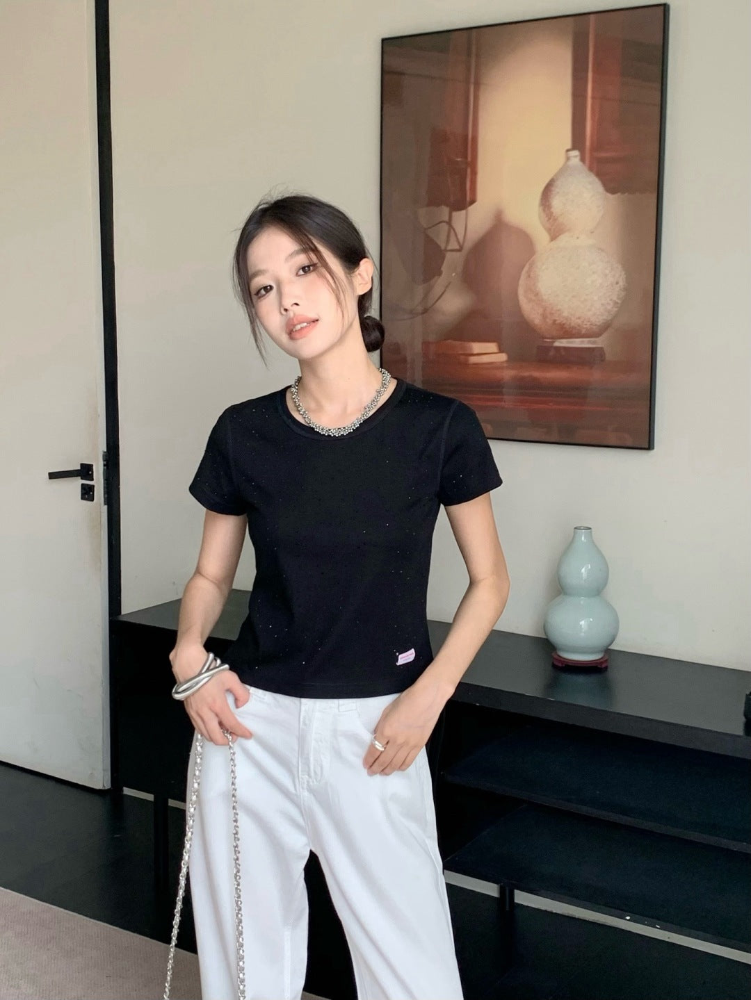 Wang* 25ss crystal hotfix cotton tee