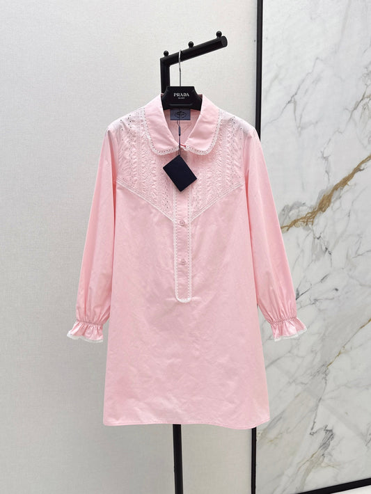 Pra* 25ss lace trim embroidered shirt dress