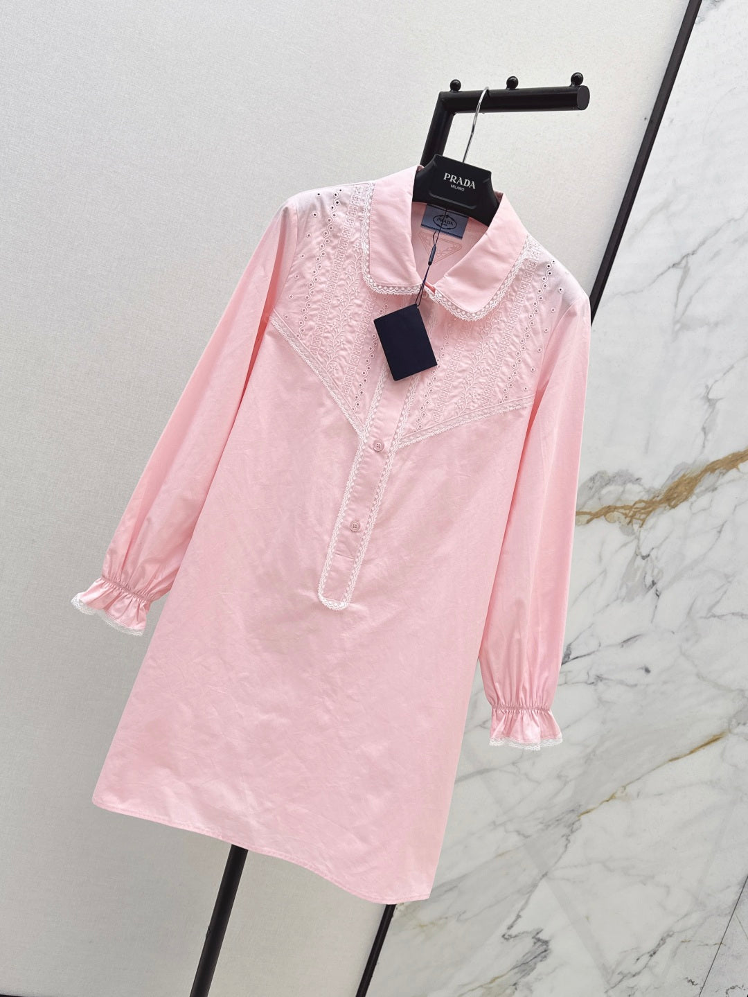 Pra* 25ss lace trim embroidered shirt dress