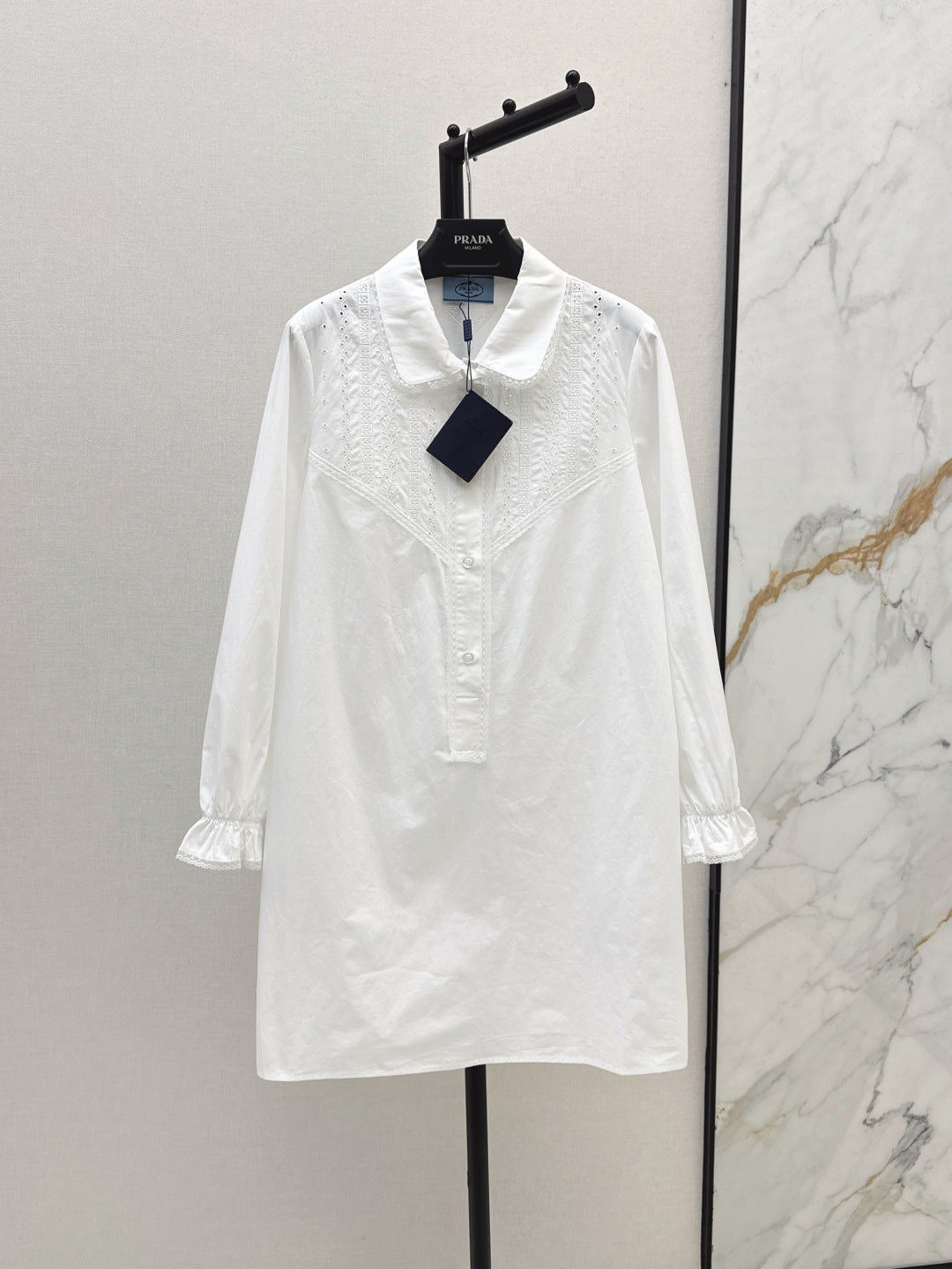 Pra* 25ss lace trim embroidered shirt dress