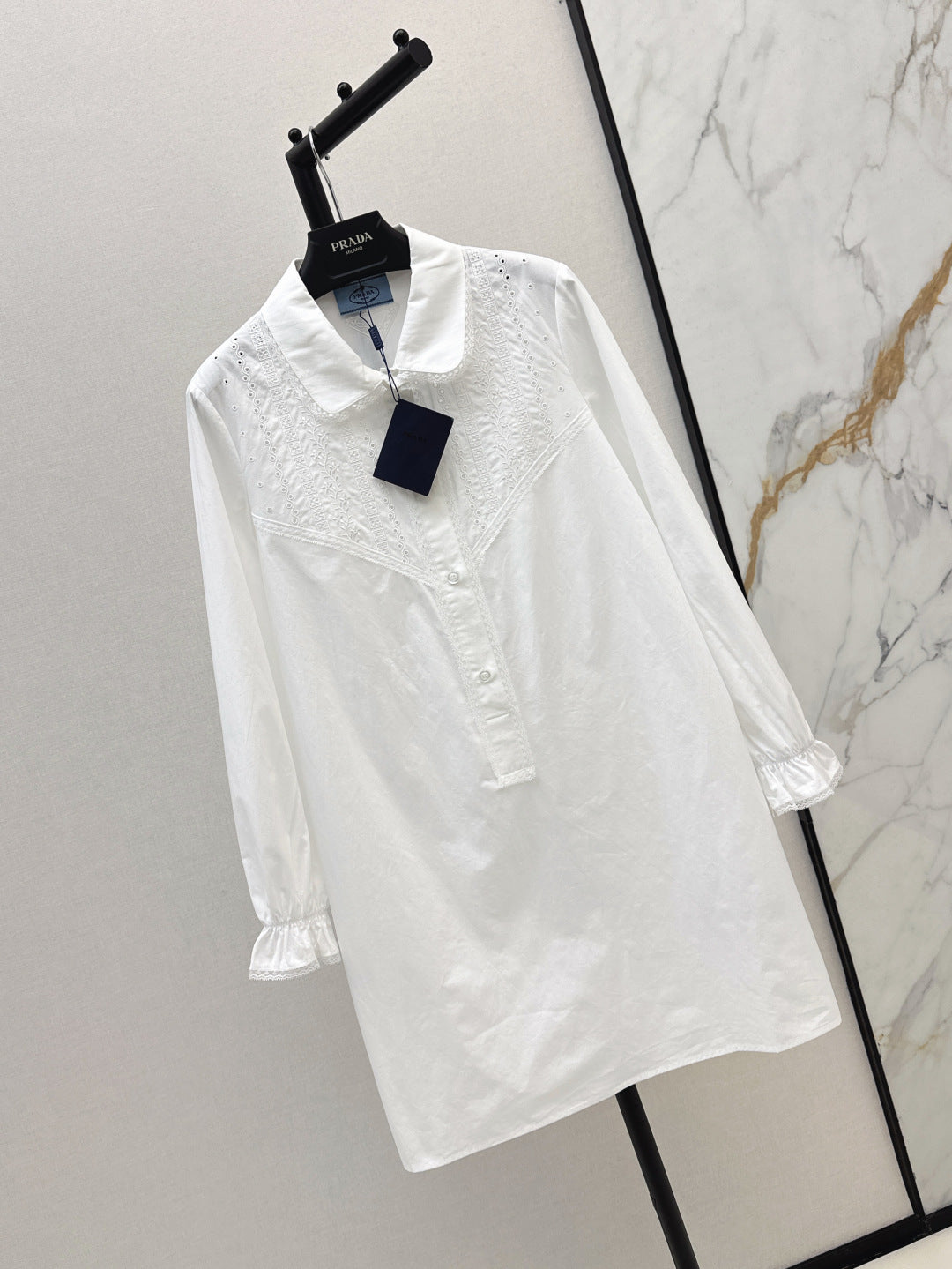 Pra* 25ss lace trim embroidered shirt dress