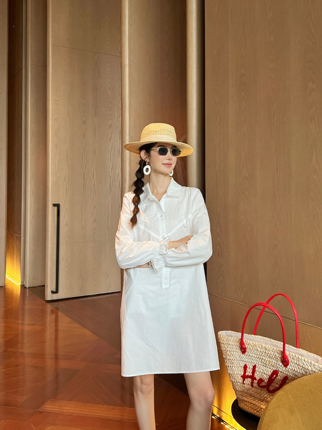 Pra* 25ss lace trim embroidered shirt dress