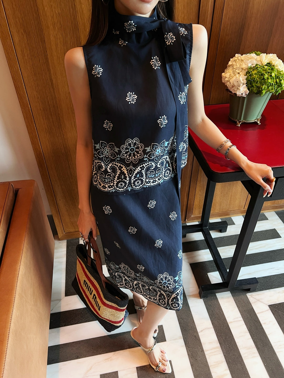 M*u 25ss printed linen vest and skirt set