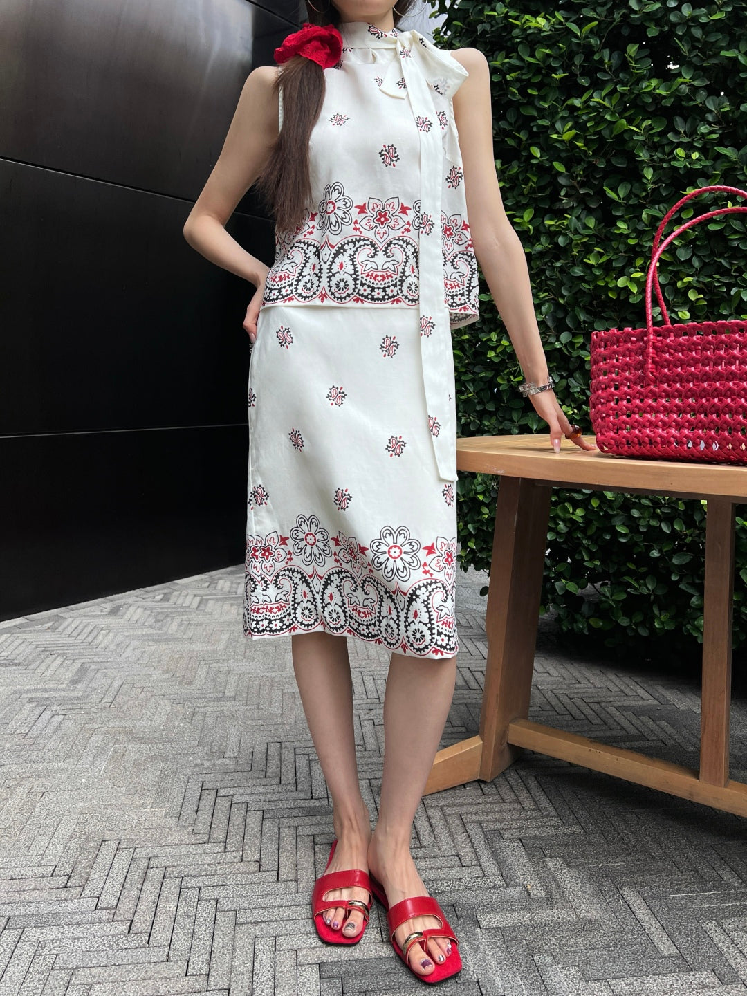 M*u 25ss printed linen vest and skirt set
