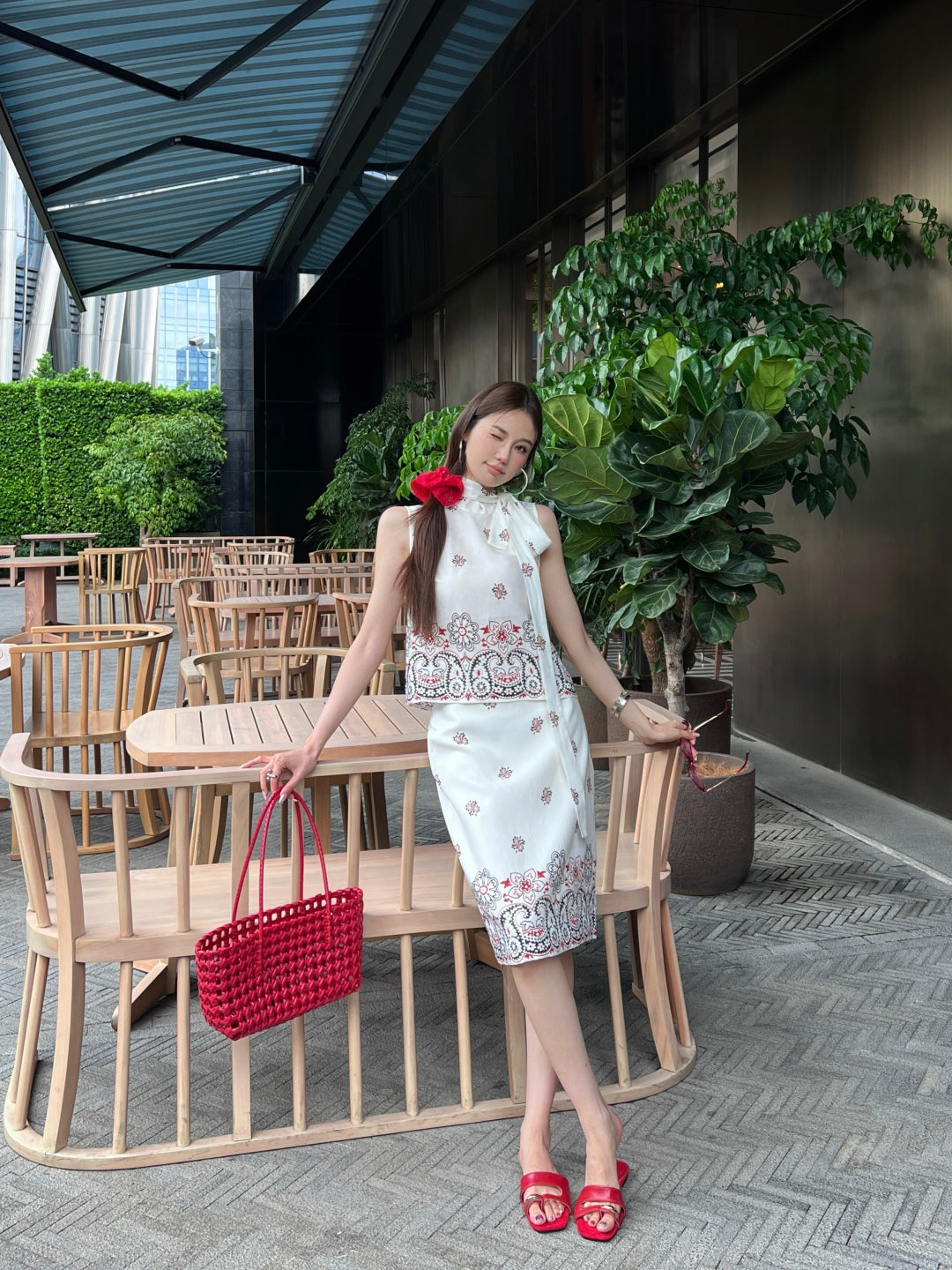 M*u 25ss printed linen vest and skirt set