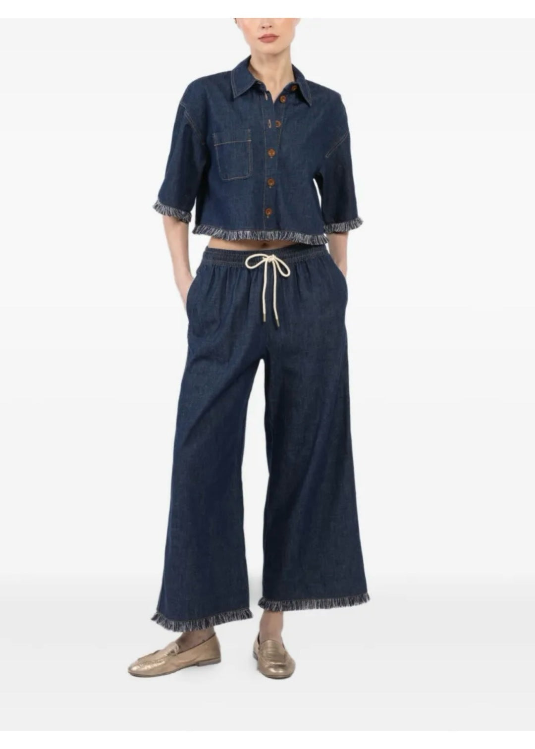 Zim* 25ss tassel trim drawstring flared denim pants