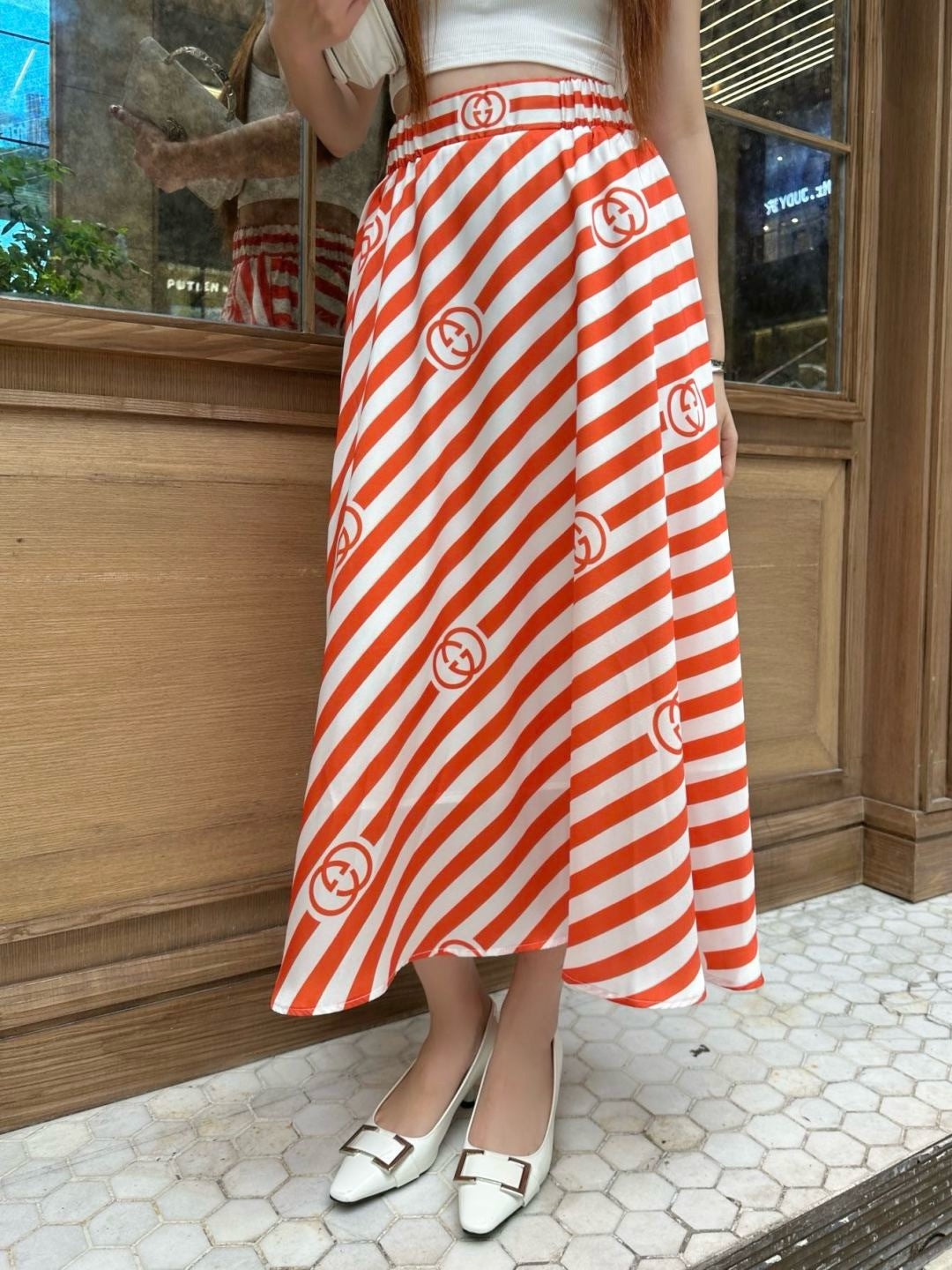 Gu* 25ss printed elastic waist skirt