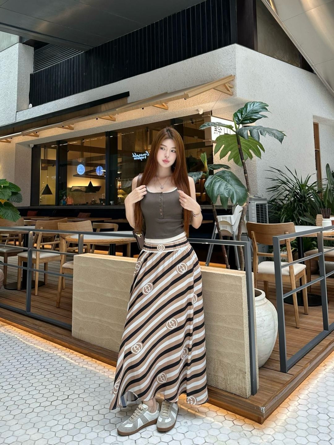 Gu* 25ss printed elastic waist skirt