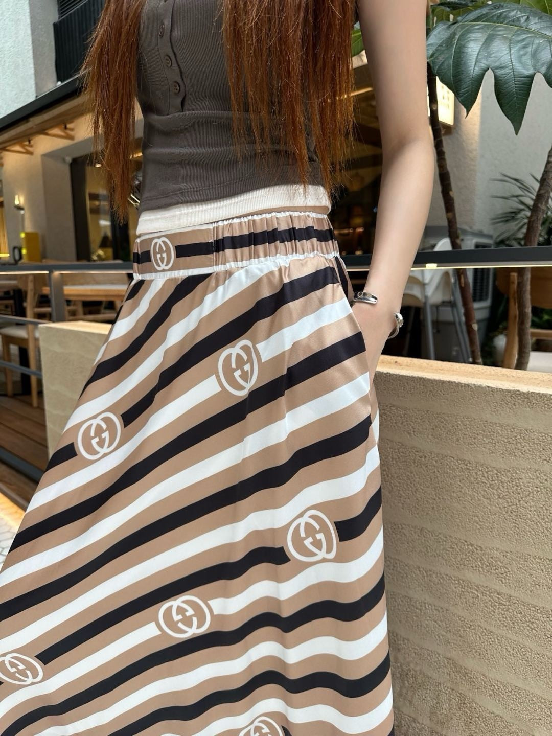 Gu* 25ss printed elastic waist skirt
