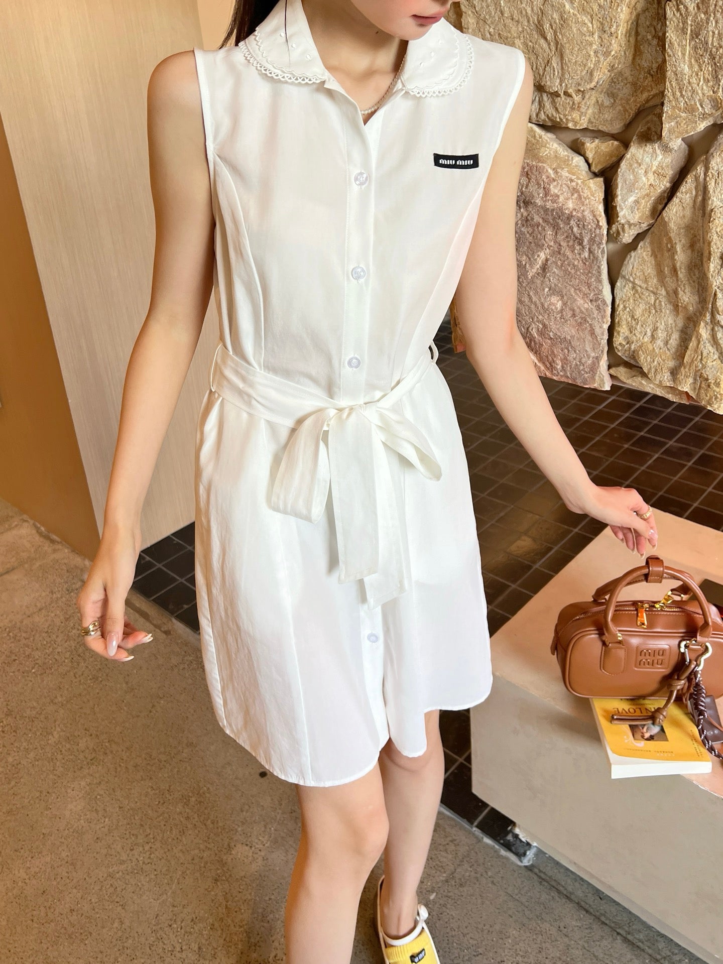 M*u 25ss embroidered poplin belted dress