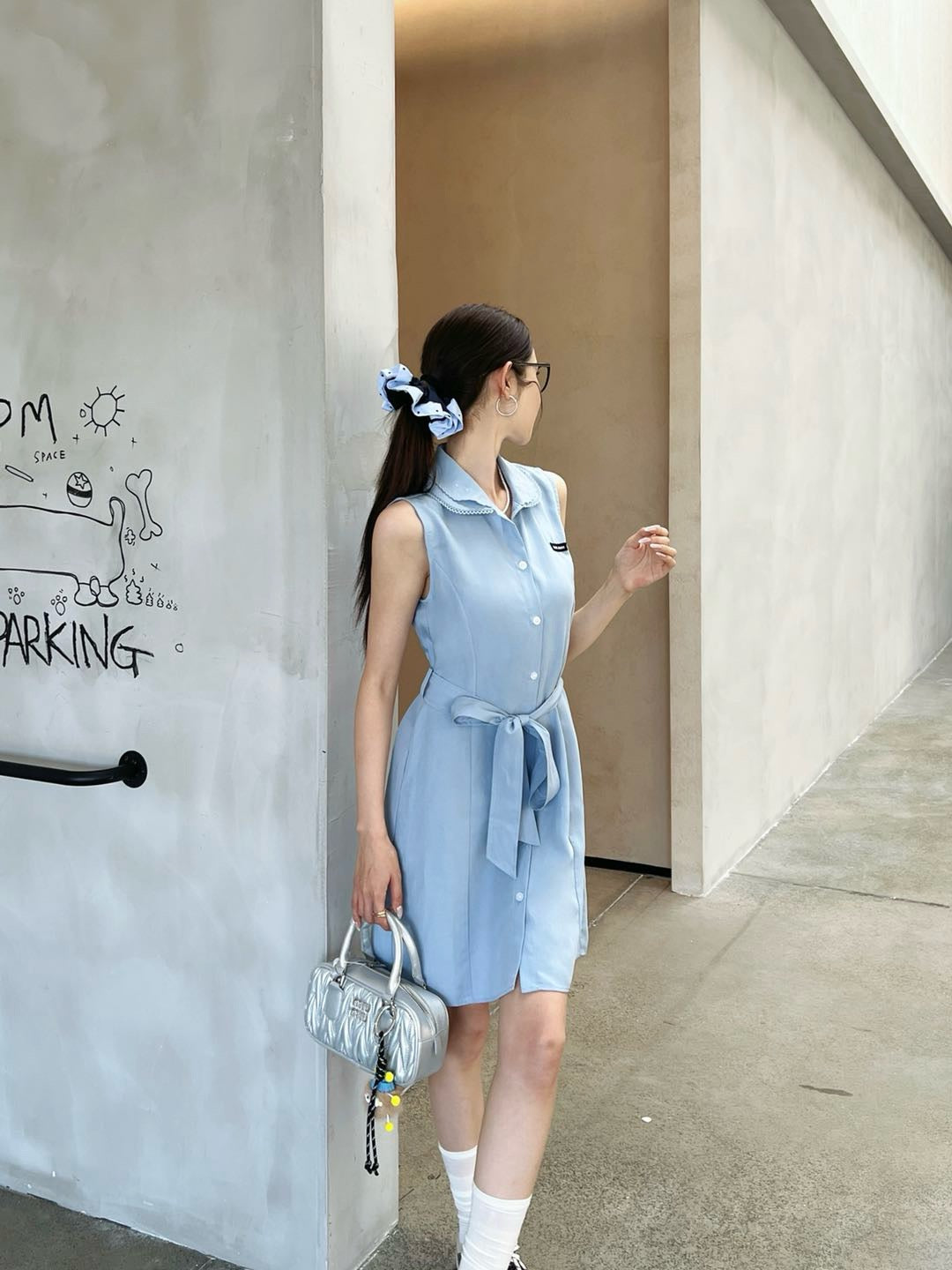 M*u 25ss embroidered poplin belted dress