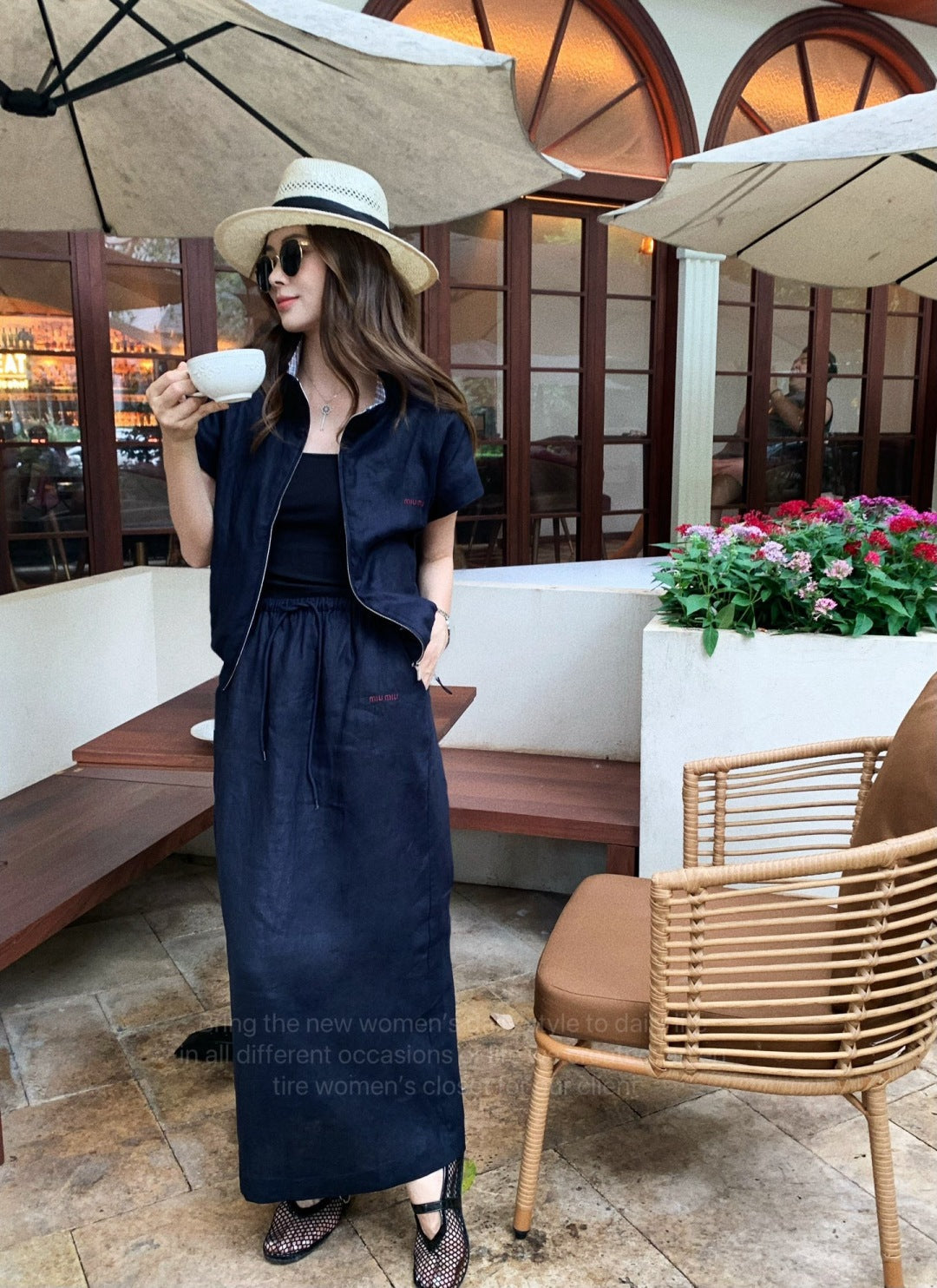 M*u 25ss zipper short-sleeve top and skirt set