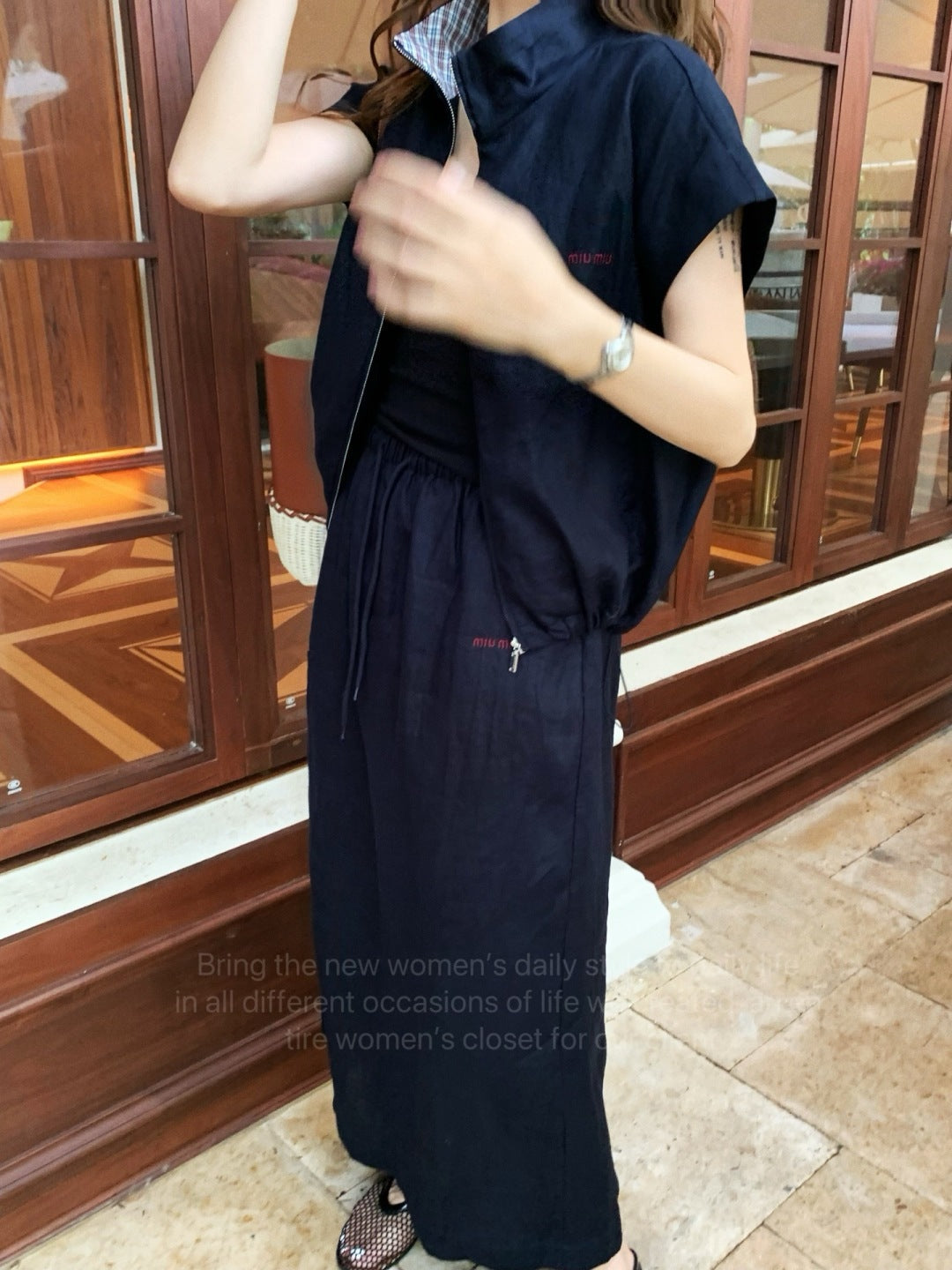 M*u 25ss zipper short-sleeve top and skirt set