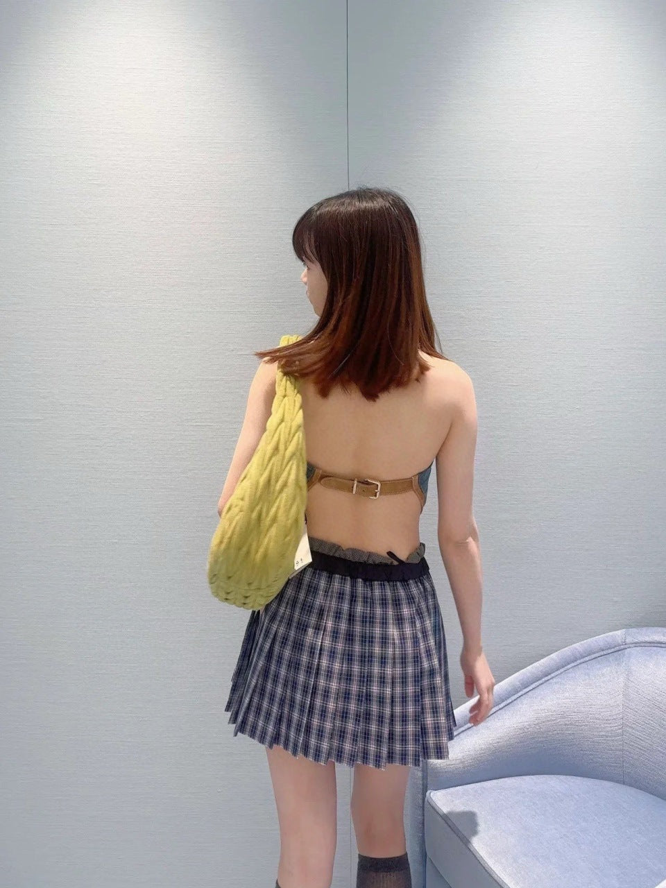 M*u 25ss check pleated miniskirt