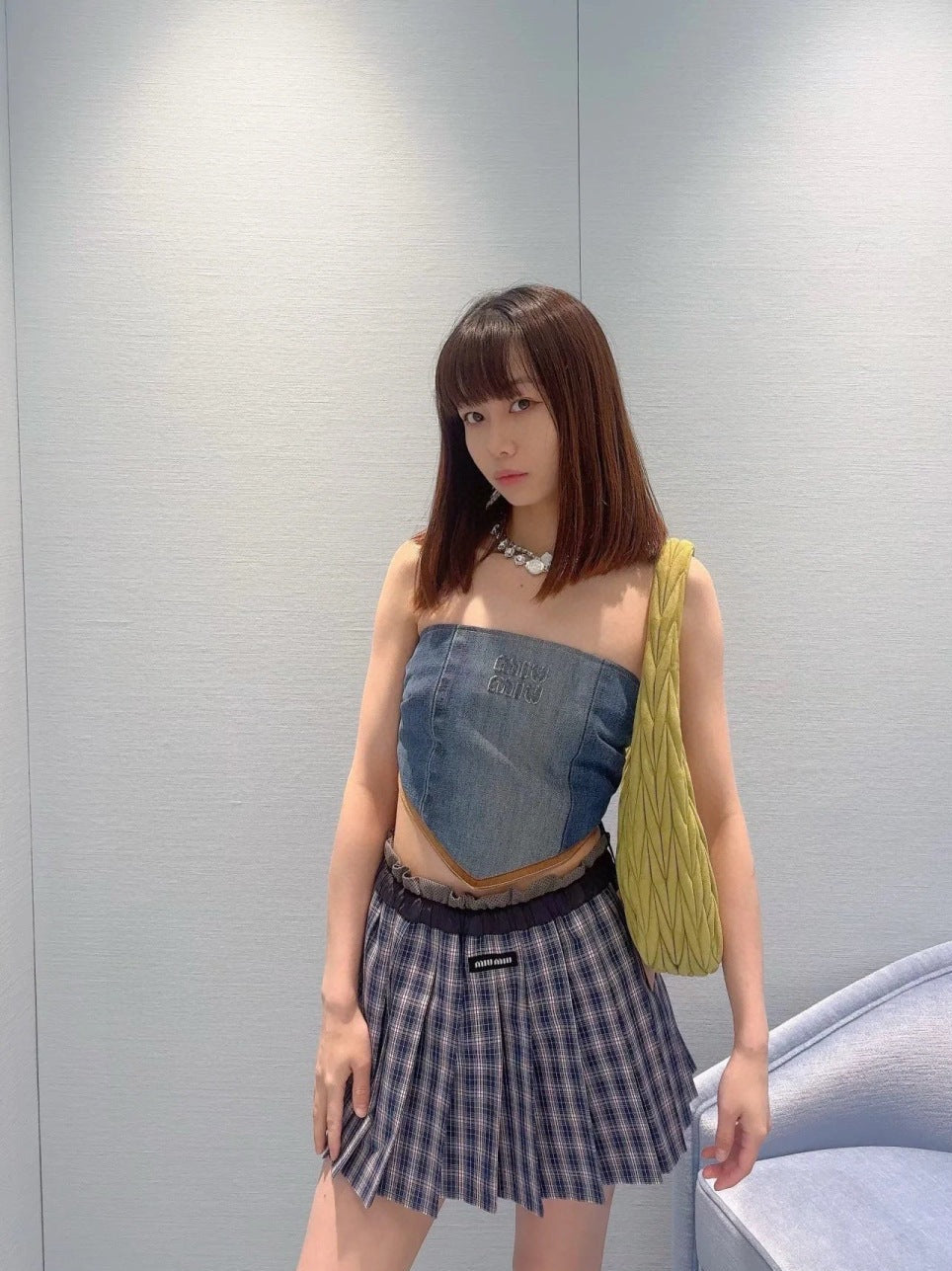 M*u 25ss check pleated miniskirt