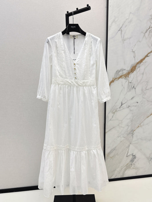 Cel* 25ss lace accent plunging long dress