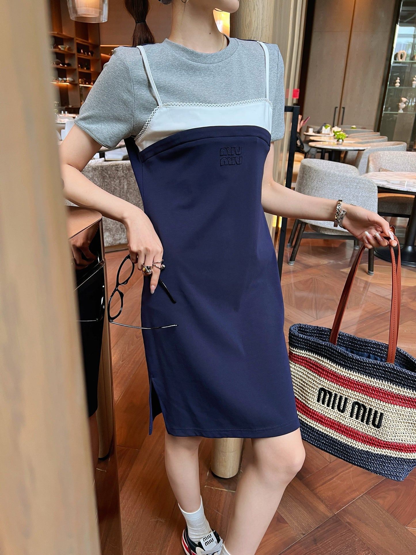 M*u 25ss fake two-pieces set tee dress