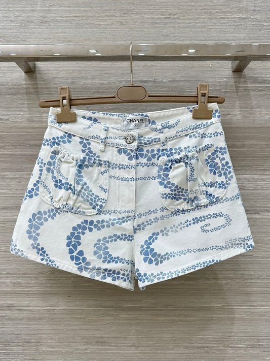 C*nel 25ss pearl chain printed denim shorts