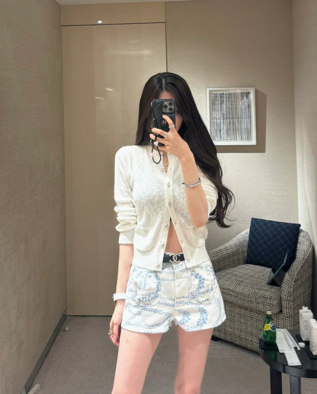 C*nel 25ss pearl chain printed denim shorts