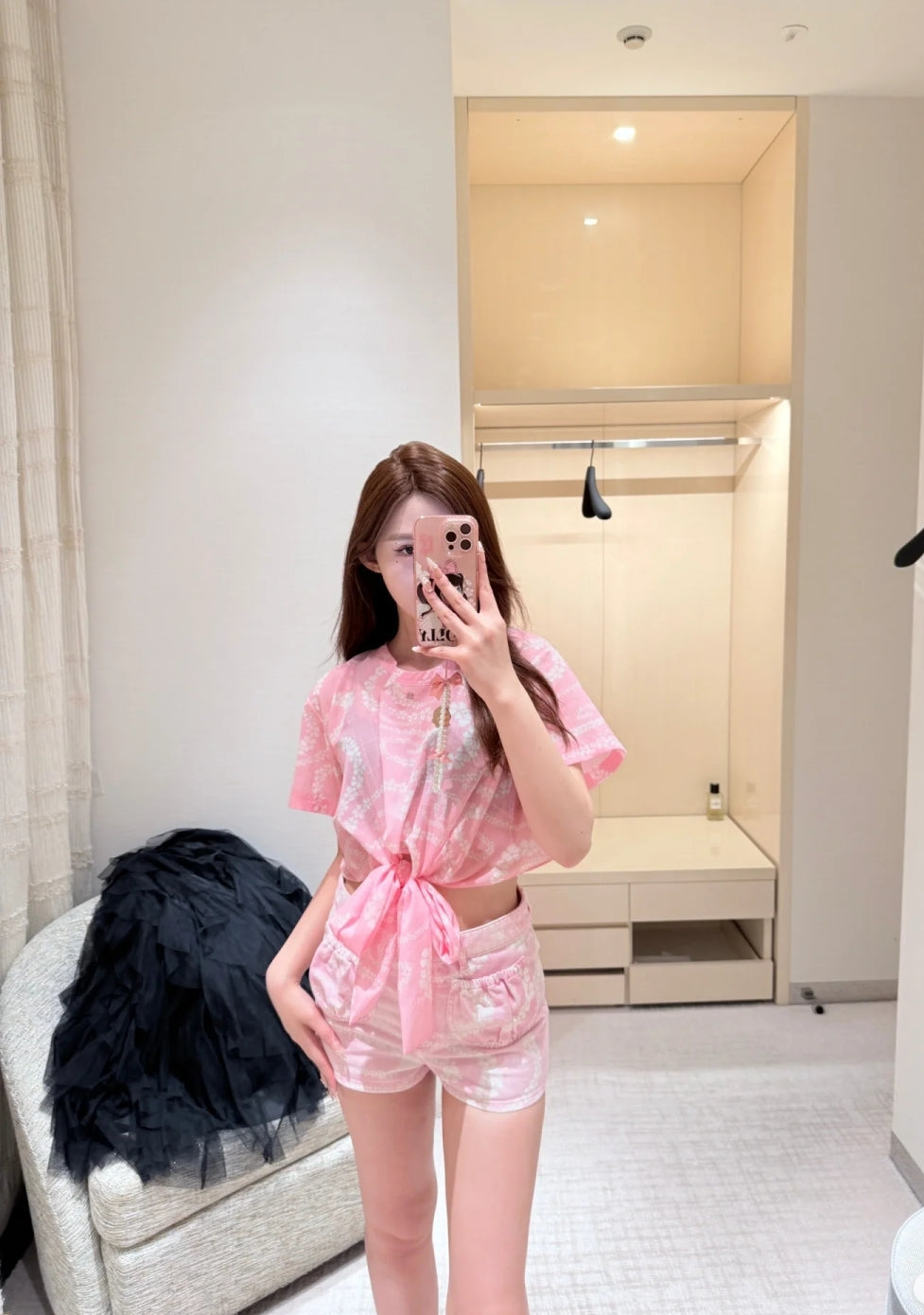 C*nel 25ss pearl chain printed denim shorts