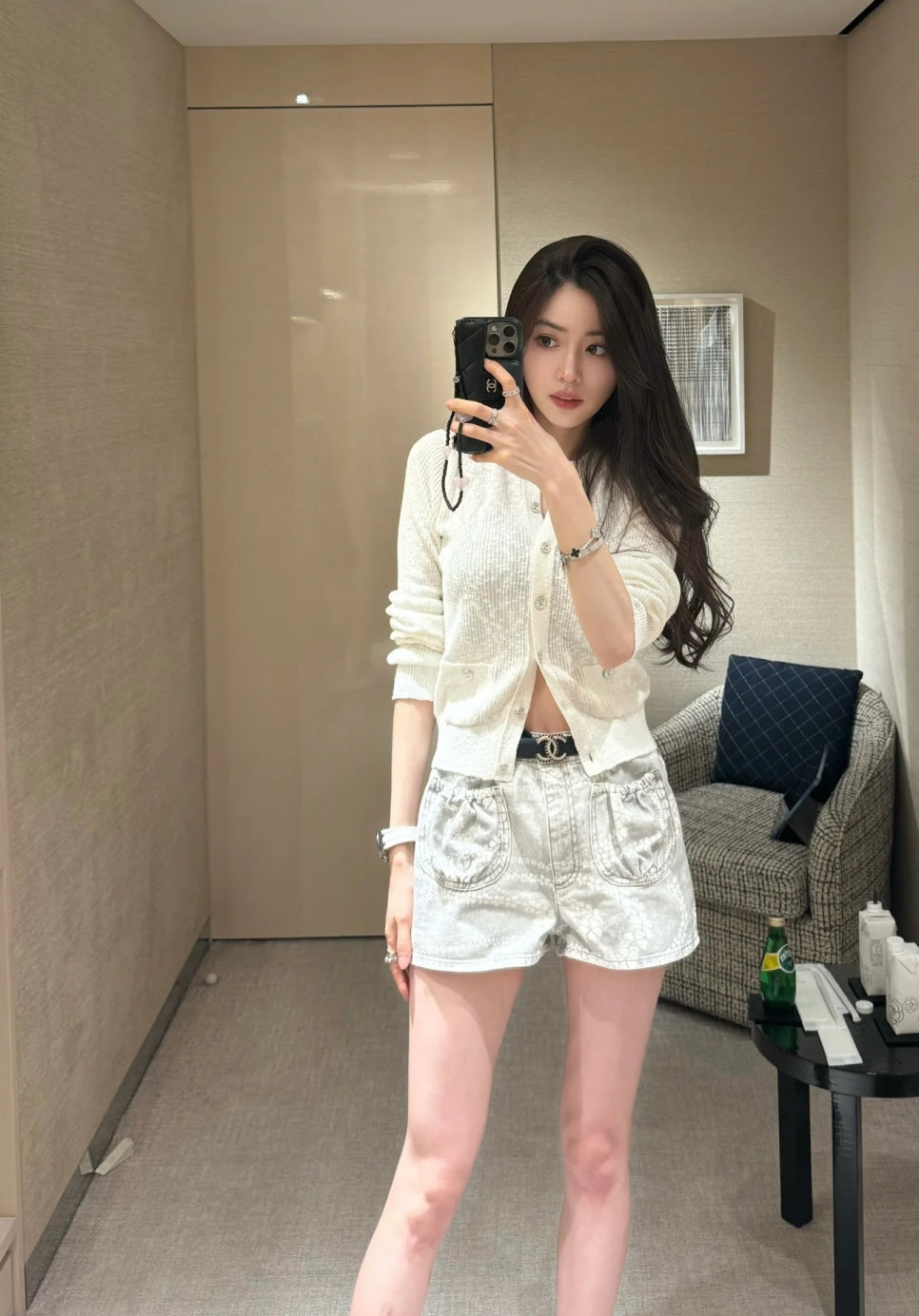 C*nel 25ss pearl chain printed denim shorts