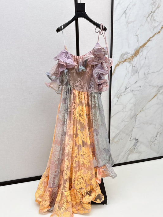 Zim* 25ss Asymmetric ruffled lace midi dress