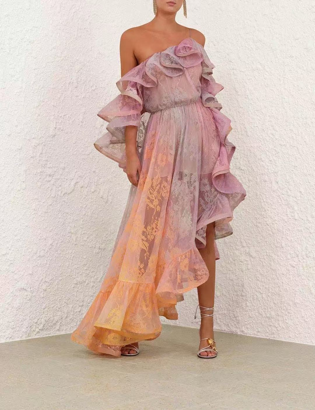 Zim* 25ss Asymmetric ruffled lace midi dress