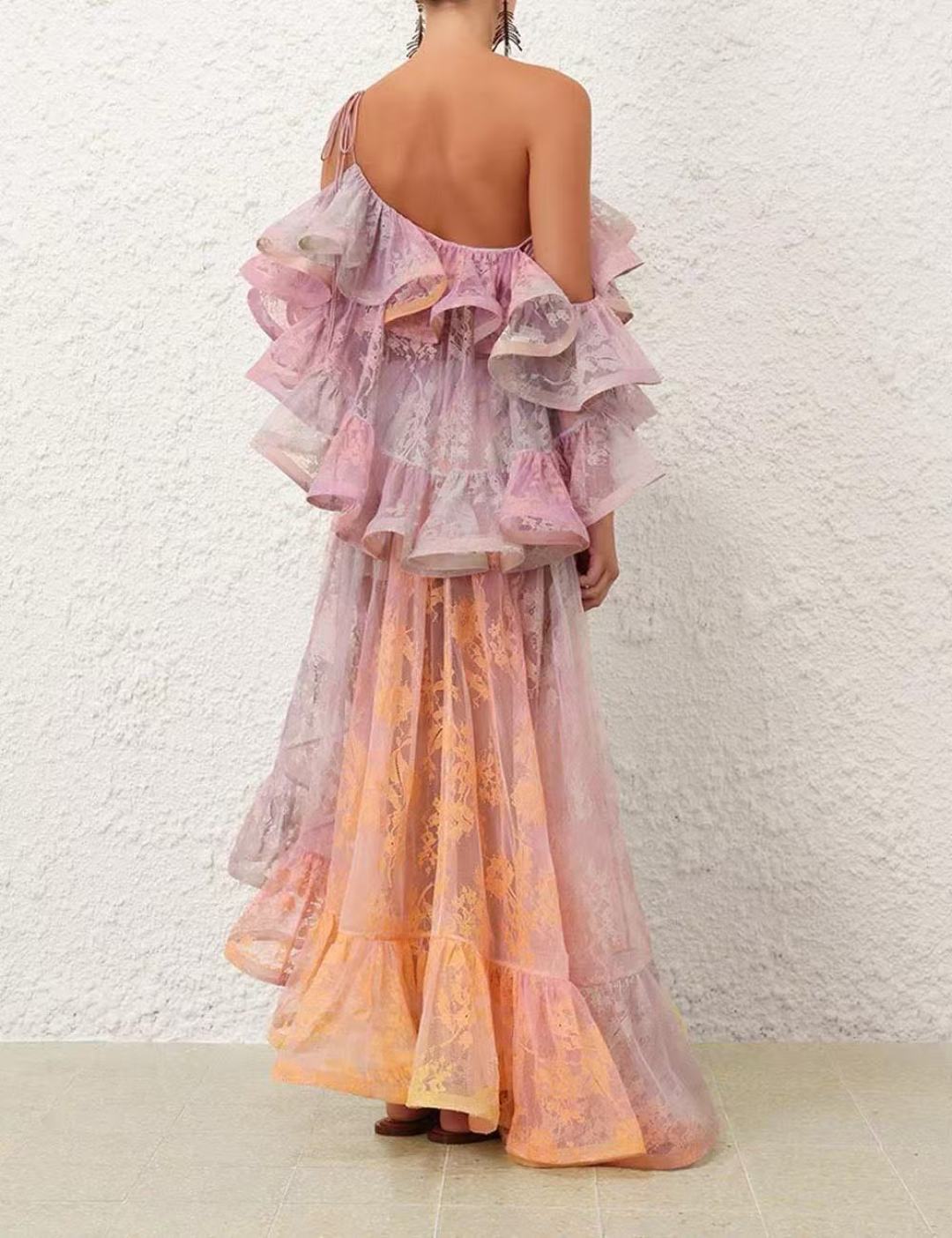 Zim* 25ss Asymmetric ruffled lace midi dress