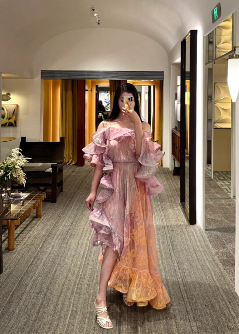 Zim* 25ss Asymmetric ruffled lace midi dress