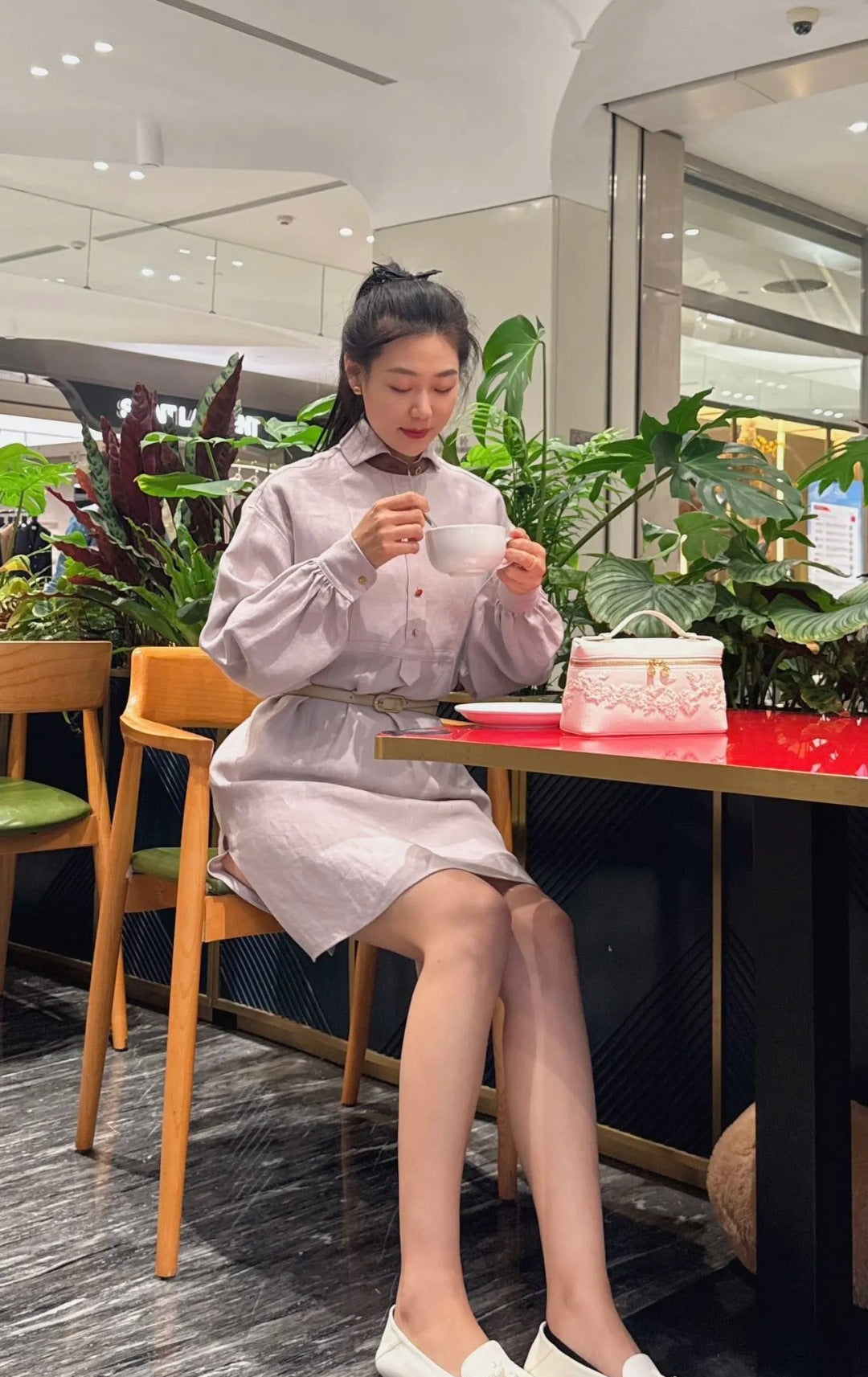 Lor*P 25ss leather accent long-sleeve dress