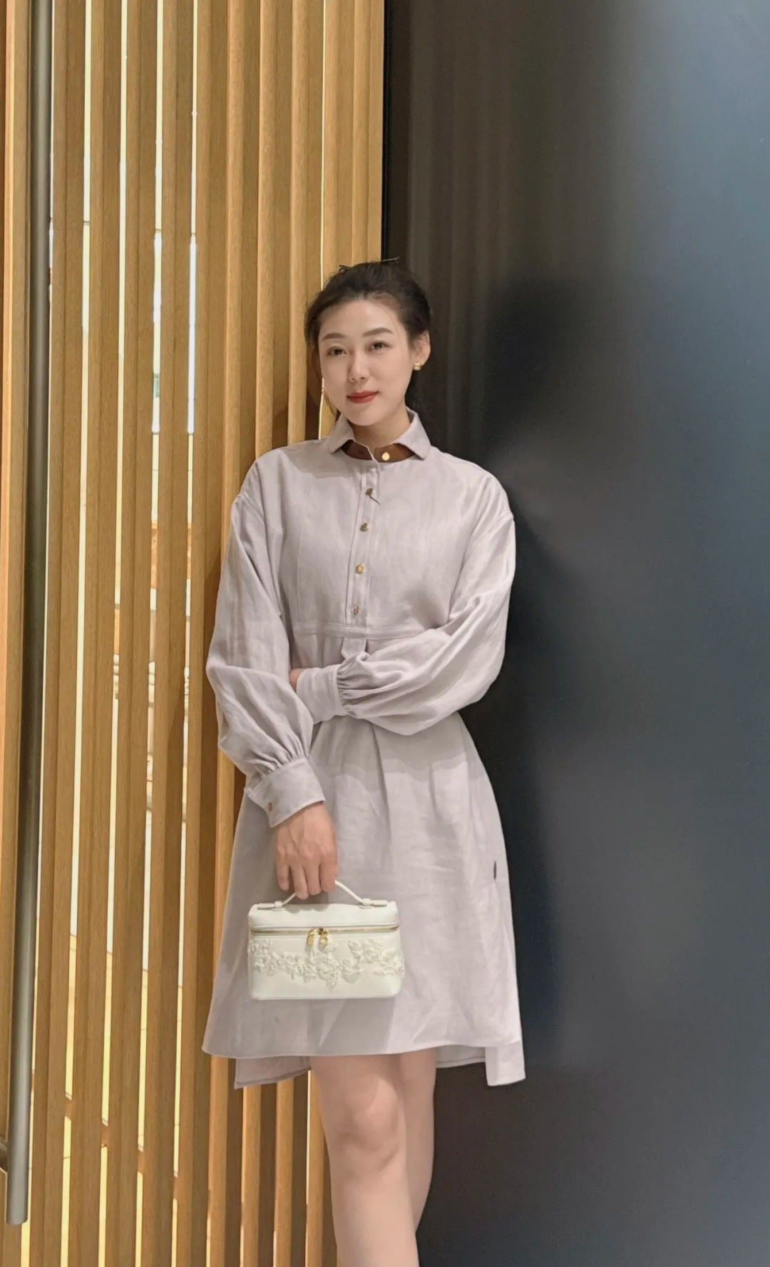 Lor*P 25ss leather accent long-sleeve dress