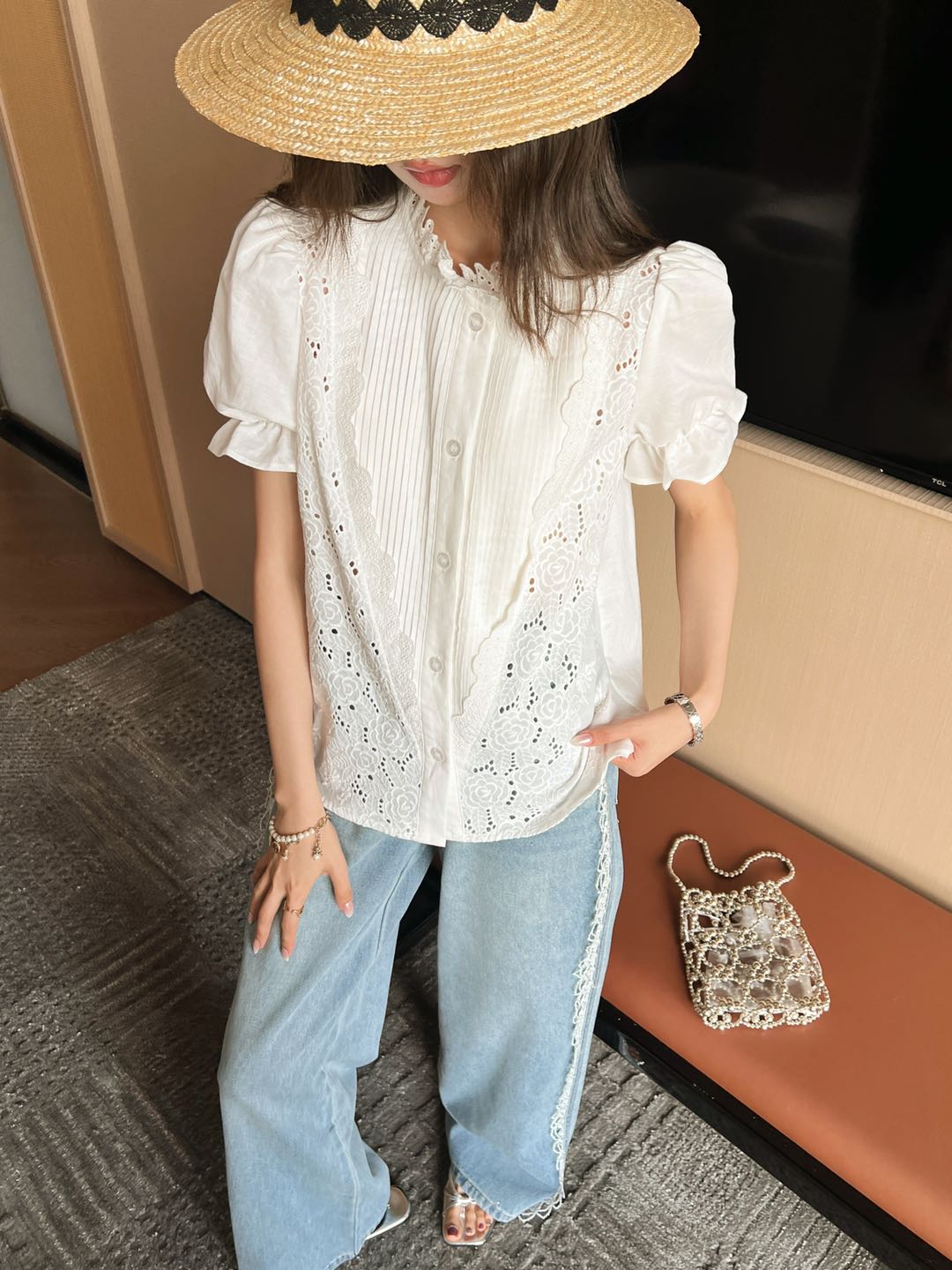 C*nel 25ss embroidered ruff-sleeve shirt