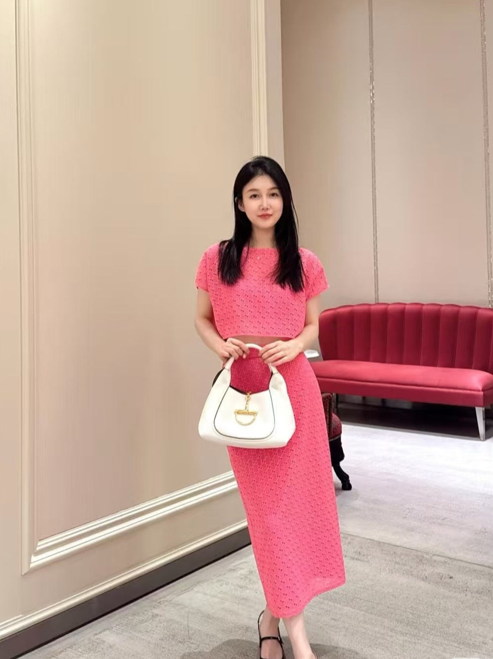 Gu* 25ss GG macrame top and skirt set